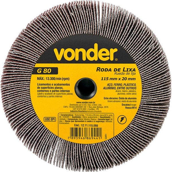 Roda de lixa 115mm x 20mm rosca M14 grão 80 VONDER