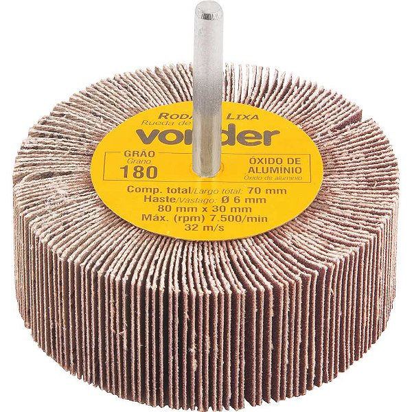 Roda de lixa 80mm x 30mm com haste grão 180 VONDER