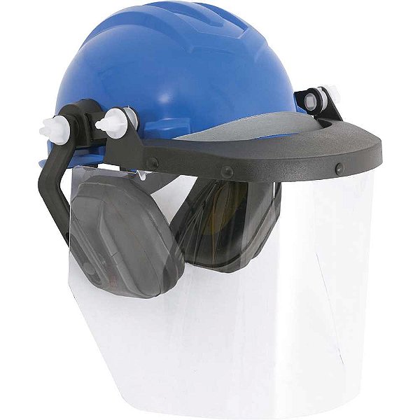 Capacete azul com aba frontal protetor facial e abafador de ruídos LEDAN