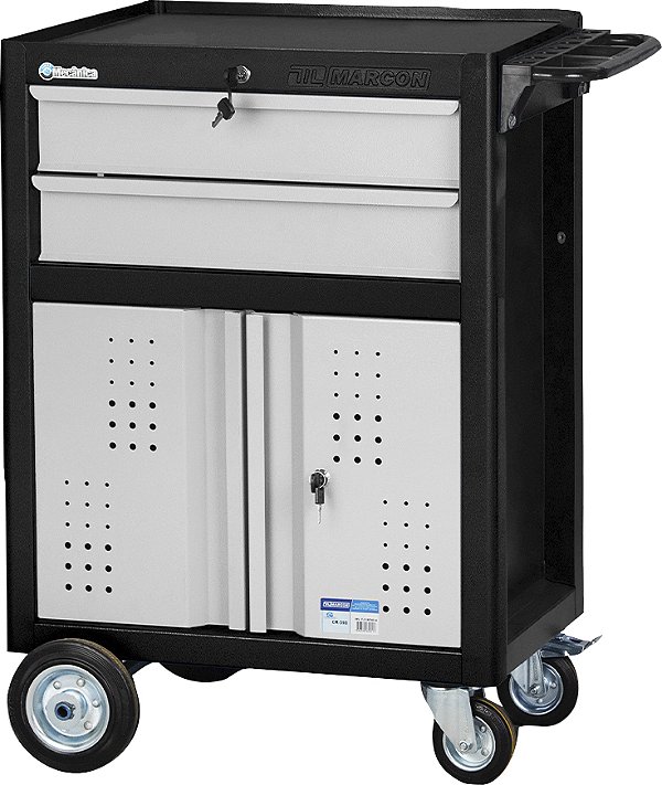Carro para ferramentas 60cm x 40cm x 86,4cm fechado com 2 gavetas 2 portas 330 kgf Preto com cinza CR-39B MARCON