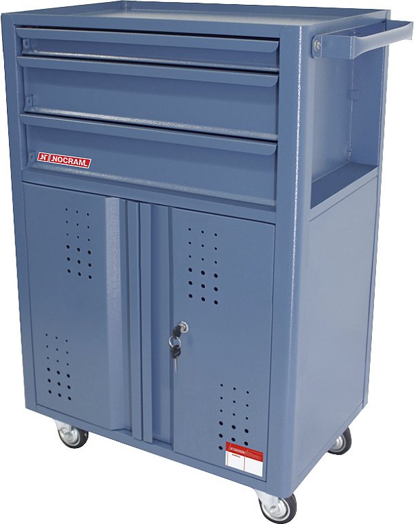 Carro para ferramentas 60cm x 40cm x 90,5cm fechado com 3 gavetas 2 portas e 1 prateleira fixa interna 90 kgf azul NC-14 NOCRAM