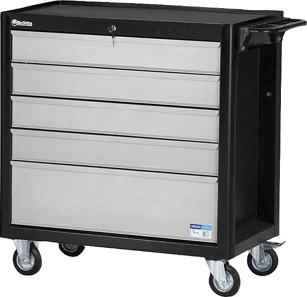 Carro para ferramentas 80cm x 45cm x 86,4cm fechado com 5 gavetas 350 kgf preto com cinza Black Series CR-16B MARCON