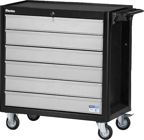Carro para ferramentas 80cm x 45cm x 86,4cm fechado com 6 gavetas 350 kgf preto com cinza Black Series CR-53B MARCON