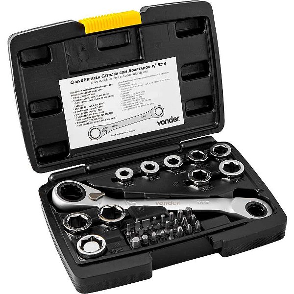 Jogo de chaves estrela com catraca adaptador para bits (8mm a 19 mm) VONDER