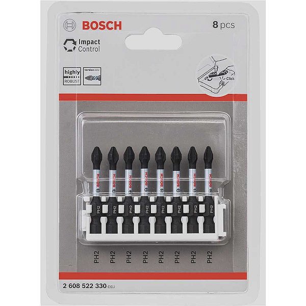 Jogo de bits de ponteiras phillips com encaixe sextavado 1/4" nº2 x 50mm cartela com 8 peças BOSCH