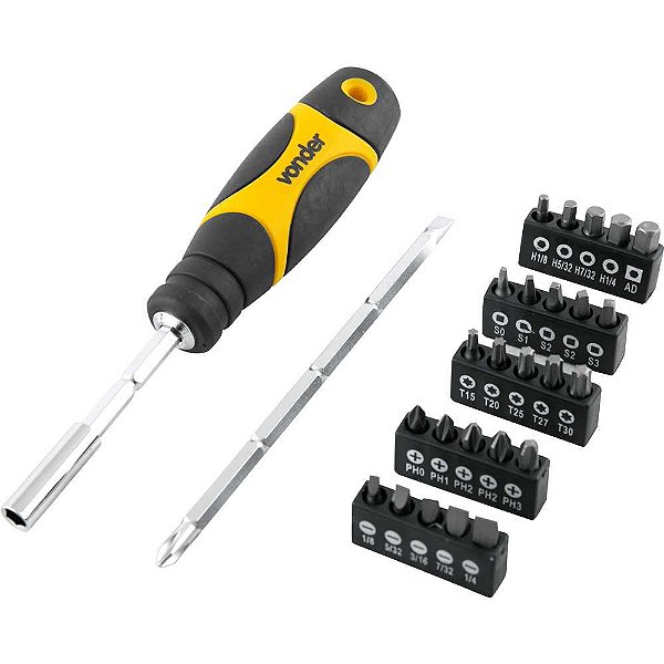Jogo de bits/ponteiras com 28 peças encaixe sextavado de 1/4" VONDER