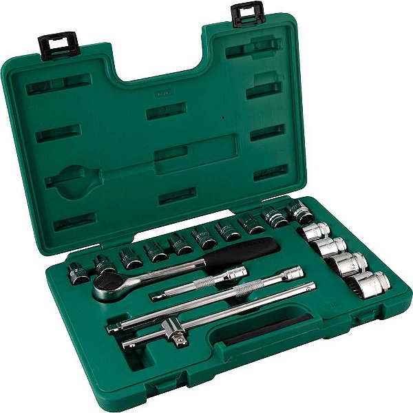 Jogo de soquetes estriados encaixe 1/2" 10mm a 32mm com 18 peças ST09203SJ SATA