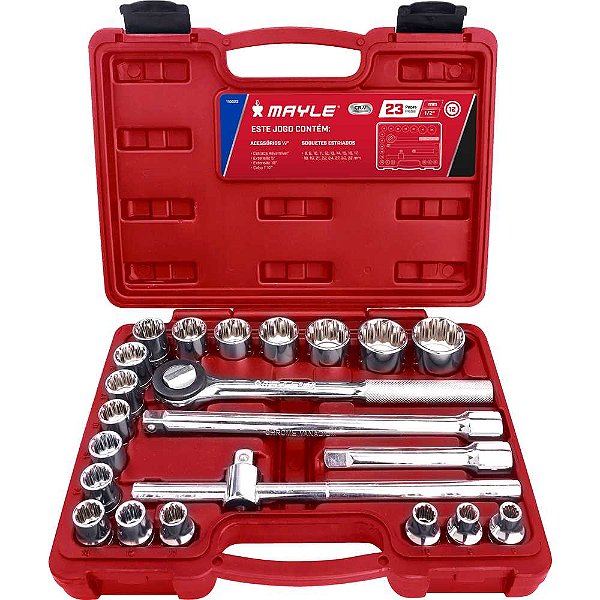 Jogo de soquetes estriados encaixe 1/2" 8mm a 32mm com 23 peças MAYLE