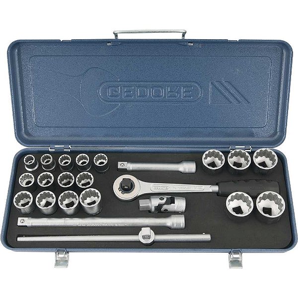 Jogo de soquetes estriados unit drive e acessórios encaixe 1/2" 12mm a 32mm com 23 peças D19TMZ GEDORE