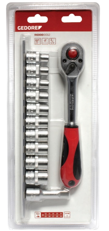 Jogo de soquetes sextavados e acessórios encaixe de 1/2" 10,0mm a 19,0mm com 12 peças R69008012 GEDORE RED