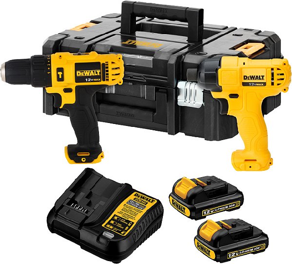 Kit parafusadeira/furadeira de impacto 3/8" + parafusadeira de impacto 1/4" com 2 baterias (12V - 1,3 Ah) e carregador bivolt e caixa TSTAK DCK202C2T-BR DEWALT