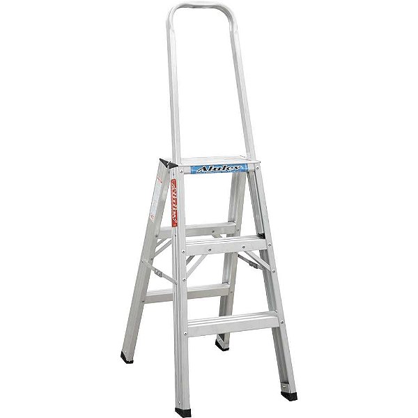 Escada de abrir em alumínio uso profissional 3 degraus 90cm com alça de apoio AP203 ALULEV