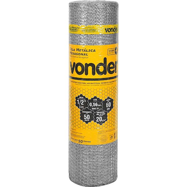 Tela metálica hexagonal viveiro malha 1/2" 24 BWG x 0,6m com 50m VONDER