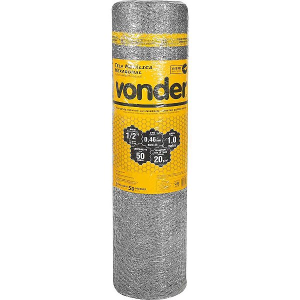Tela metálica hexagonal viveiro malha 1/2" 26 BWG x 1,0m com 50m VONDER