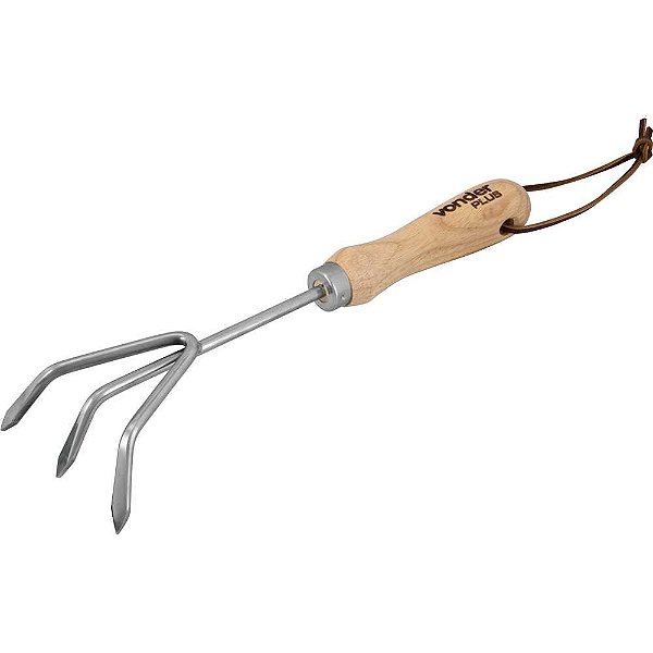 Ancinho para jardim em aço inox com 3 dentes cabo em madeira VONDER PLUS