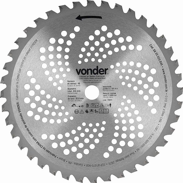 Lâmina circular com vídea para roçadeiras 255mm x 20mm 40 dentes VONDER