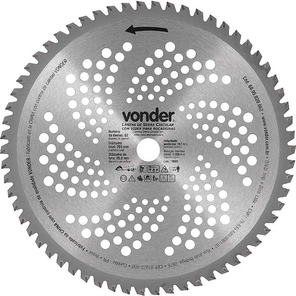 Lâmina circular com vídea para roçadeiras 255mm x 20mm 62 dentes VONDER