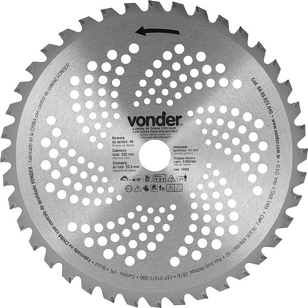 Lâmina circular com vídea para roçadeiras 255mm x 25,4mm 40 dentes VONDER