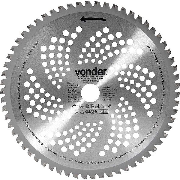 Lâmina circular com vídea para roçadeiras 255mm x 25,4mm 62 dentes VONDER