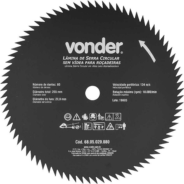 Lâmina circular sem vídea para roçadeiras 255mm x 20mm 80 dentes VONDER