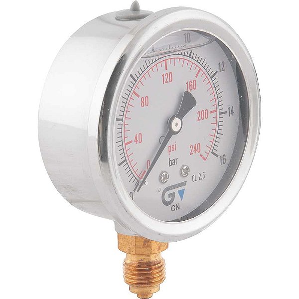 Manômetro vertical 1/4" BSP 63mm com glicerina caixa em aço inox 240 lbf/pol² (psi) 3822 016 GENEBRE