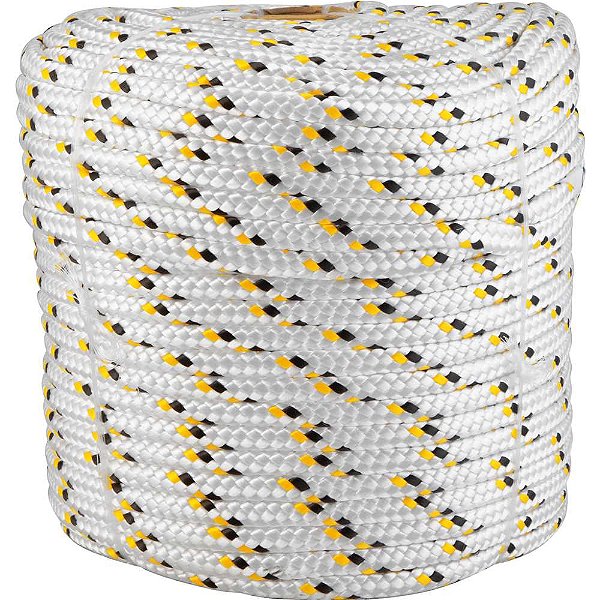 Corda multifilamento trançada 10,0mm x 110m branca com detalhes em preto e amarelo VONDER