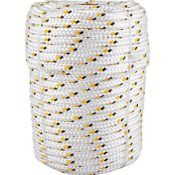 Corda multifilamento trançada 10,0mm x 50m branca com detalhes em preto e amarelo VONDER
