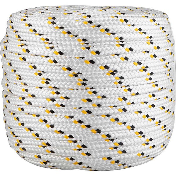 Corda multifilamento trançada 12,0mm x 110m branca com detalhes em preto e amarelo VONDER