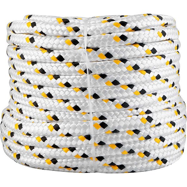 Corda multifilamento trançada 16,0mm x 50m branca com detalhes em preto e amarelo VONDER