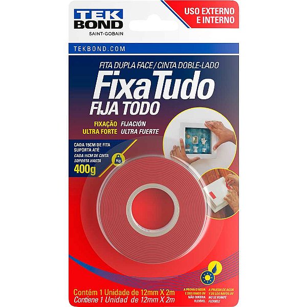 Fita dupla face acrílica 12mm x 2m uso externo fixa tudo TEK BOND