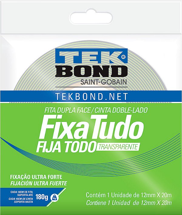 Fita dupla face acrílica 12mm x 20m uso interno fixa tudo TEK BOND