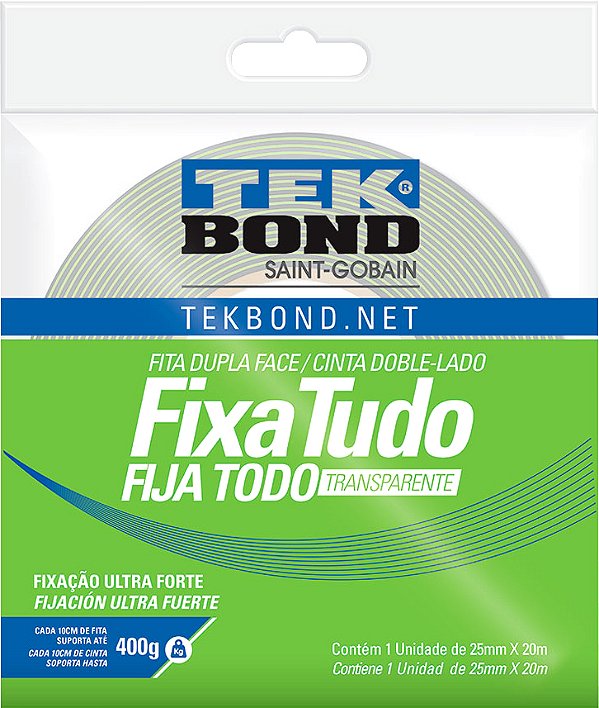 Fita dupla face acrílica 25mm x 20m uso interno fixa tudo TEK BOND