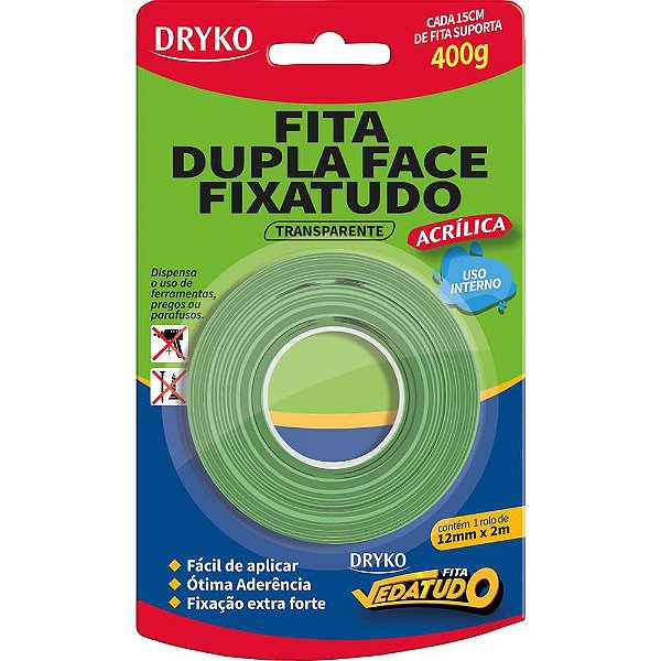 Fita dupla face acrílica transparente 12mm x 2m Vedatudo DRYKO