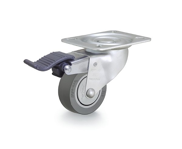 Rodízio giratório 3" de borracha termoplástica cinza com freio GLRON 312 BPC RODCAR
