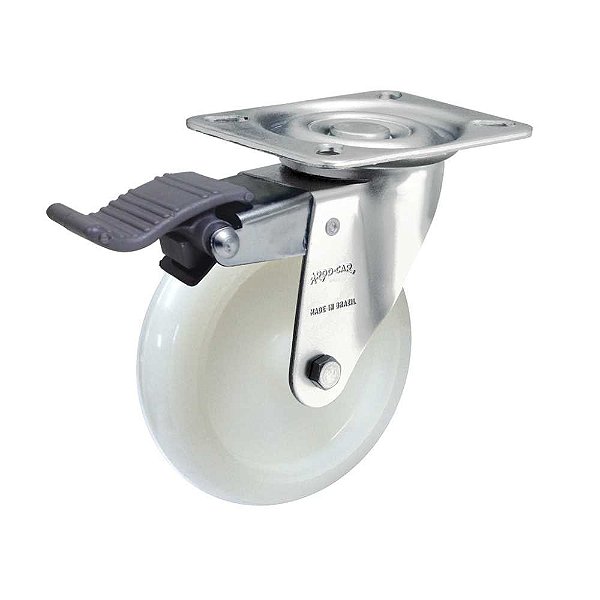 Rodízio giratório 4" de nylon branco com freio GLRON 412 NN RODCAR