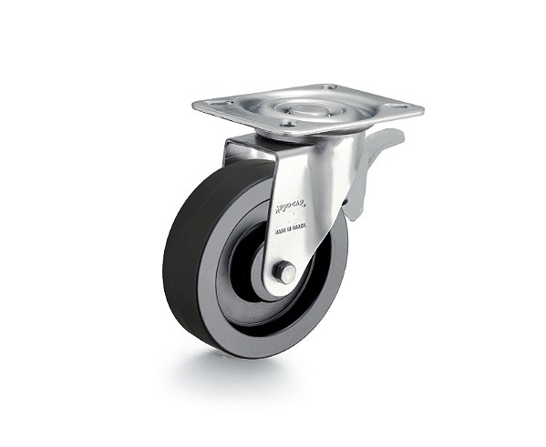 Rodízio giratório leve 4" de borracha termoplástica preto com freio GLROA 414 BIN RODCAR
