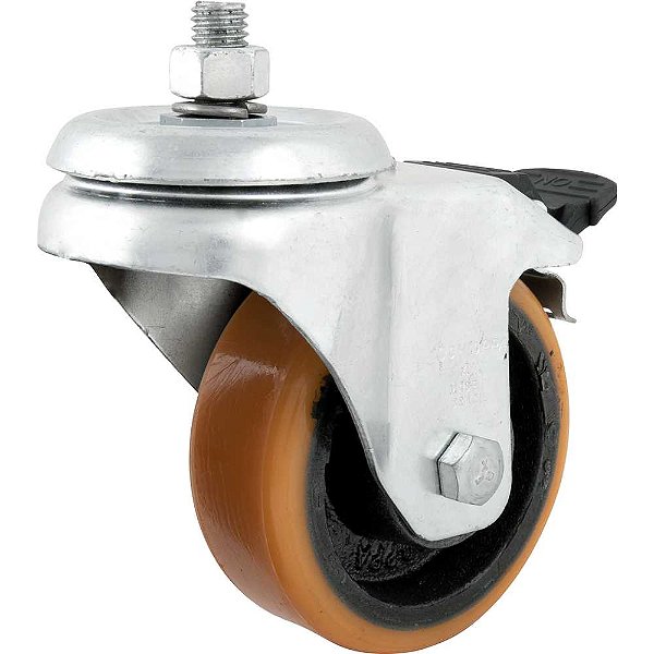 Rodízio giratório leve 4" de poliuretano laranja com freio com rosca GLE 414 PN SCHIOPPA