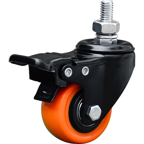 Rodízio giratório leve série black base espiga 2" com freio roda laranja 50 kgf GLEBF.210.BPA.E COLSON