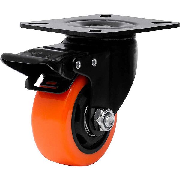Rodízio giratório leve série black base placa 3" com freio roda laranja 70 kgf GLPBF.312.BPA.E COLSON