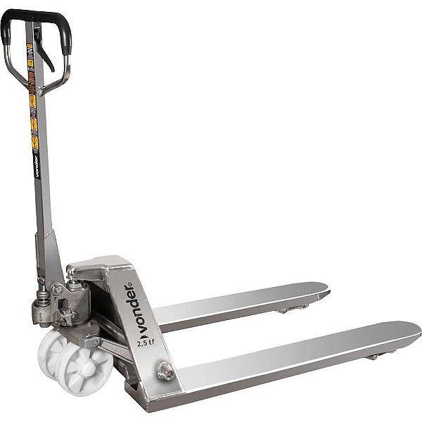 Paleteira hidráulica 2,5 toneladas (2,5 tf) 1.150mm x 685mm em aço inox total roda dupla de nylon PIN 256 VONDER
