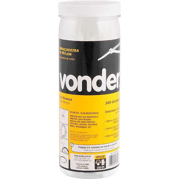 Abraçadeira de nylon branca tubo com 300 peças VONDER