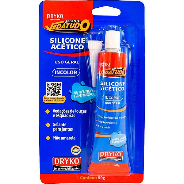 Borracha de silicone acético com fungicida incolor 50g Vedatudo DRYKO