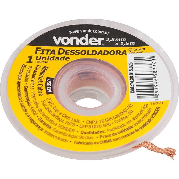 Fita malha dessoldadora 2,5mm x 1,5 m,VONDER