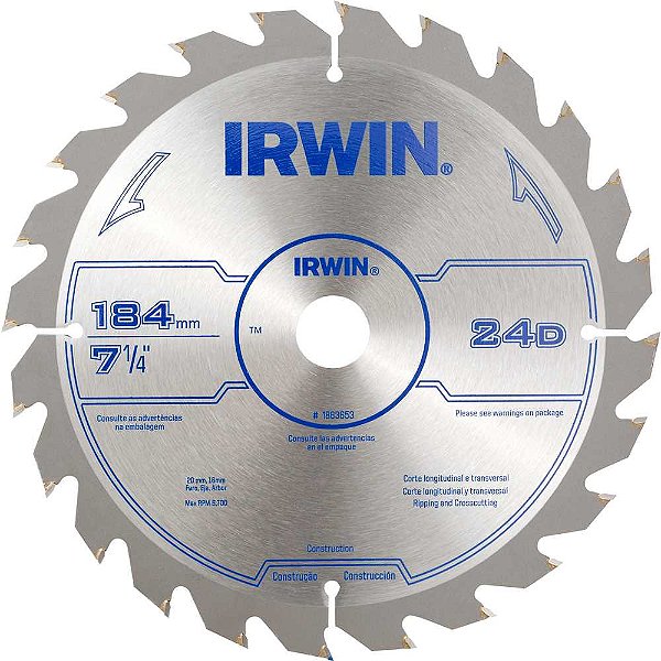 Lâmina de serra circular com dentes de metal duro 184mm x 20mm 24 dentes 1863653 IRWIN