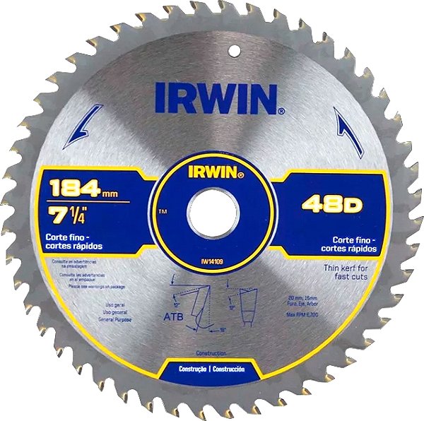 Lâmina de serra circular com dentes de metal duro 184mm x 20mm 48 dentes IW14109 IRWIN
