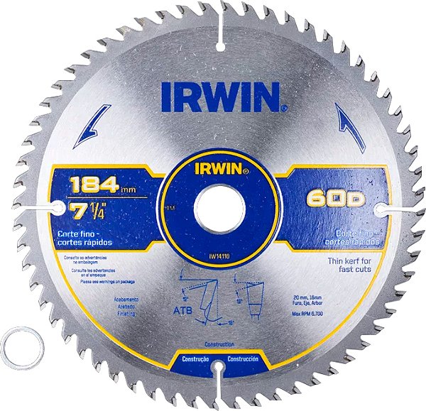 Lâmina de serra circular com dentes de metal duro 184mm x 20mm 60 dentes IW14110 IRWIN