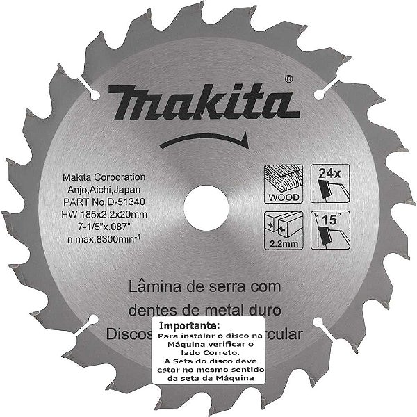 Lâmina de serra circular com dentes de metal duro 185mm x 20mm 24 dentes MAKITA