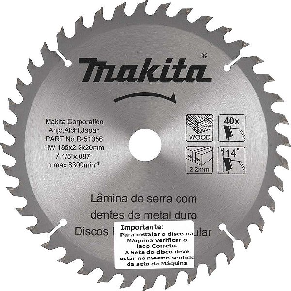 Lâmina de serra circular com dentes de metal duro 185mm x 20mm 40 dentes MAKITA