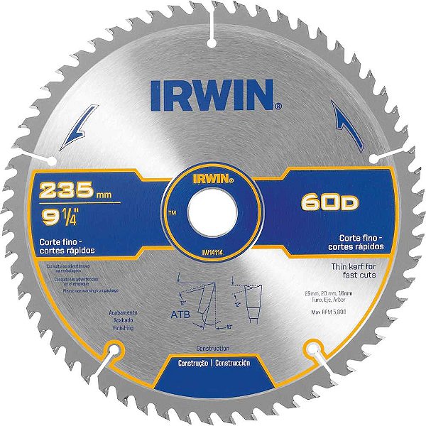 Lâmina de serra circular com dentes de metal duro 235mm x 25mm 60 dentes IW14114 IRWIN