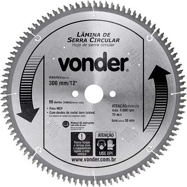 Lâmina de serra circular com dentes de metal duro 300mm x 30mm com 96 dentes para MDF VONDER